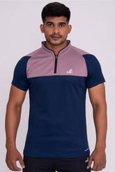 Stand Neck Semi Collar T-Shirts Navy Peach (D)
